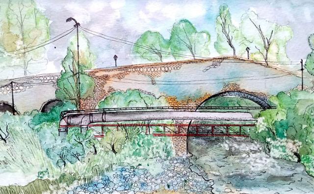 Painting of a bridge and nature