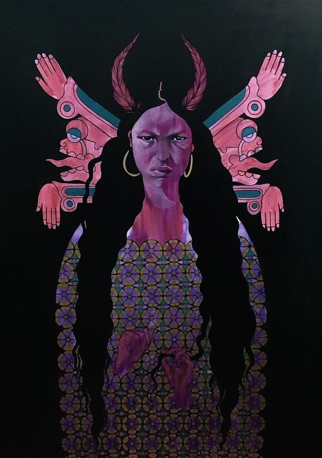 Painting of a woman with pink skin and long black hair looking angry. Black background 
