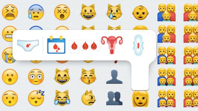 A panel with different emojis, the ones of the blood of menstrual period on the front more visible. 