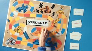 Die Hand spielt ein Brettspiel namens „STRUGGLE“, bei dem eine Treppe mit Herausforderungen erscheint. 