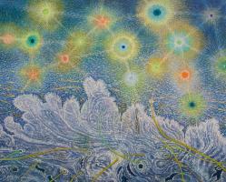 A painting with pointillism technique resembling the starts and the ocean