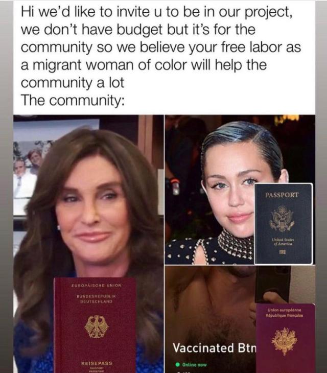 a meme with two women holding European passports